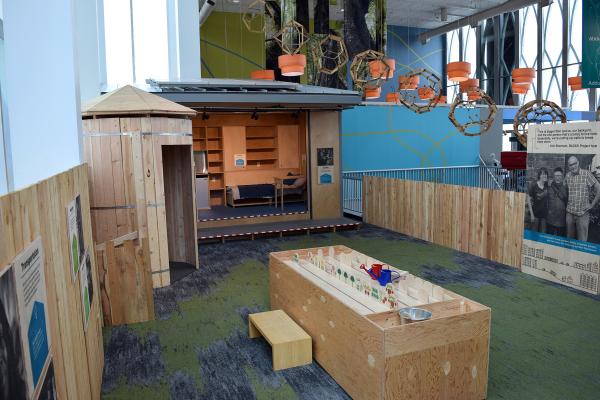 “Block by BLOCK.” installation view. A BLOCK home is 125 sqare feet, off grid and self sufficient. Photo courtesy of the Pacific Science Center
