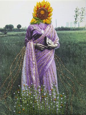 "Clue Desi Honeymoon I" by Samina Islam, needlework and glass beads on inkjet on canvas
