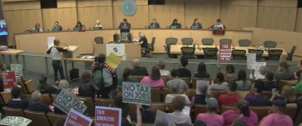 On June 12 Seattle City Council voted to repeal the Employee Hours Tax. Screenshot of Seattle Channel broadcast of the meeting.