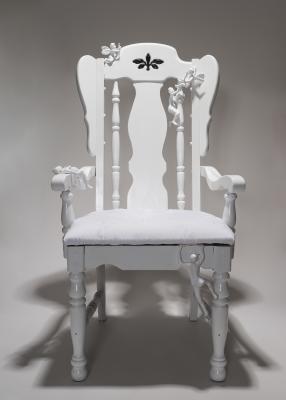 “Throne of Equality” by Heather Marie Scholl, hand embroidery on cotton, polymer clay and wood, 2017
