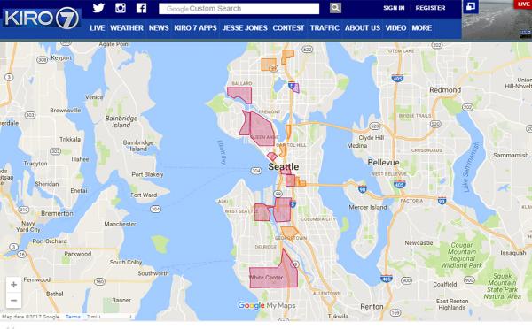 A screen capture of the KIRO website shows their revised mapping of homeless encampments.