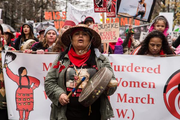 Roxanne White from the Missing and Murdered Indigenous Women Washington leads the Womxn’s March in Seattle Jan. 20. Photo by Matthew S. Browning