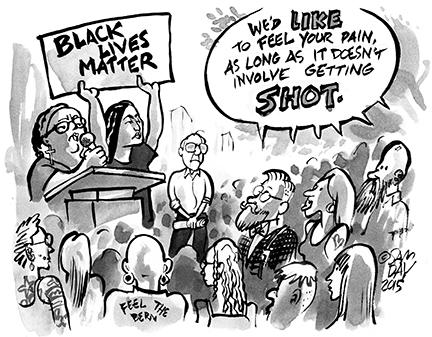 Cartoon about Black Lives Matter and the Bernie Sanders protest that happened in Seattle at Westlake Park, August 8, 2015