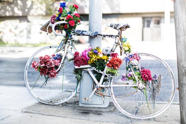 A memorial ghost bike for artist Mathieu Lefevre, who was killed in 2011 while cycling to his home in the East Williamsburg neighborhood of Brooklyn, New York. Photo by Henry Hargreaves