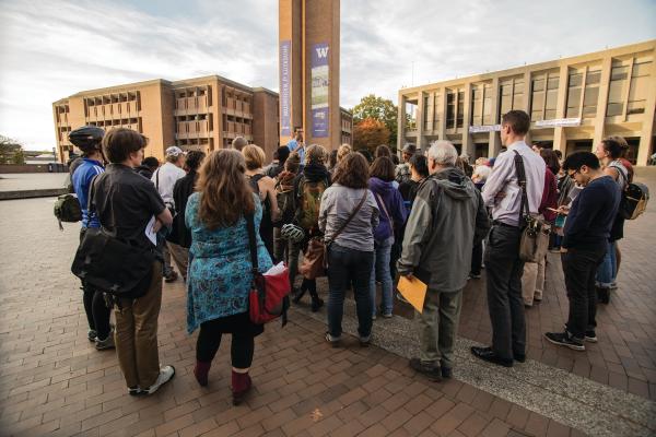 Students and homeless advocates tour the UW campus in October 2015 before the site was chosen.