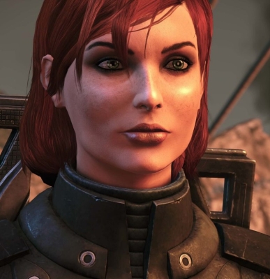 A close-up shot of femme Commander Shepard from the Mass Effect 3 video game.