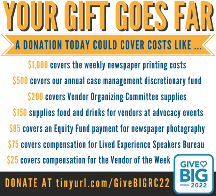 List headed, "Your Gift Goes Far," with donation link at bottom: tinyurl.com/GiveBigRC22