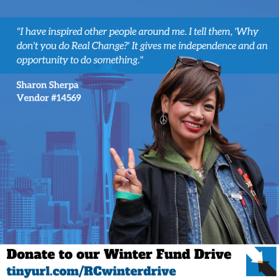 Asian woman with shoulder-length hair and sunglasses on head smiles and flashes peace sign, over sign soliciting donations to Winter Fund Drive.