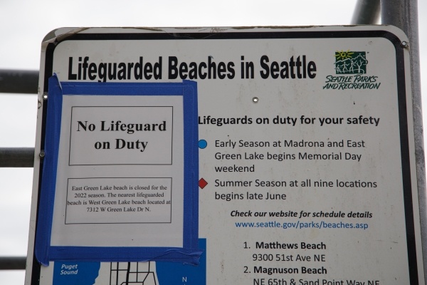 A "No lifeguard on duty" poster taped onto a sign
