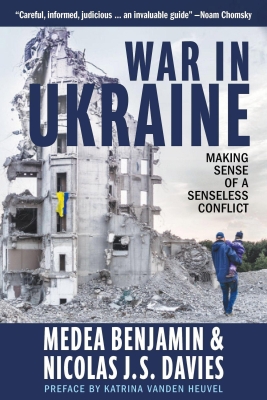 Book cover of "War in Ukraine," in shades of gray and blue, showing bombed-out building and two people, an adult holding a child, seen from behind, walking nearby