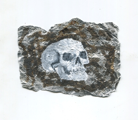 An individual painting from the show 'So Far' with a white skull painted using gouache onto a used fentanyl foil.