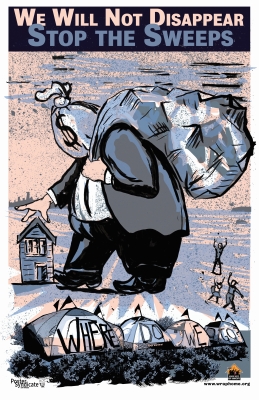 Poster-style art depicting fat white man with money bag for a head plucking up a house while below him, a row of four tents bear signs reading, "Where Do We Go?"