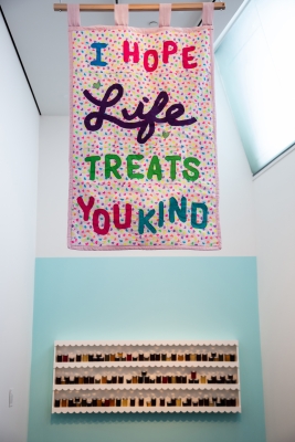A Joey Veltkamp quilt that reads "I hope life treats you kind"