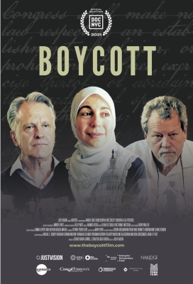Movie poster for "Boycott," showing two middle-aged to older men flanking Middle Eastern-appearing middle-aged woman in headscarf