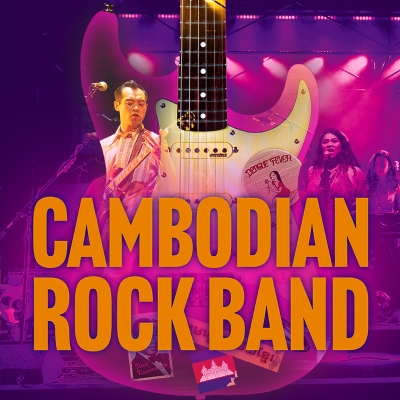 Show poster featuring purple background, image of guitar in foreground, and the words "Cambodian Rock Band"