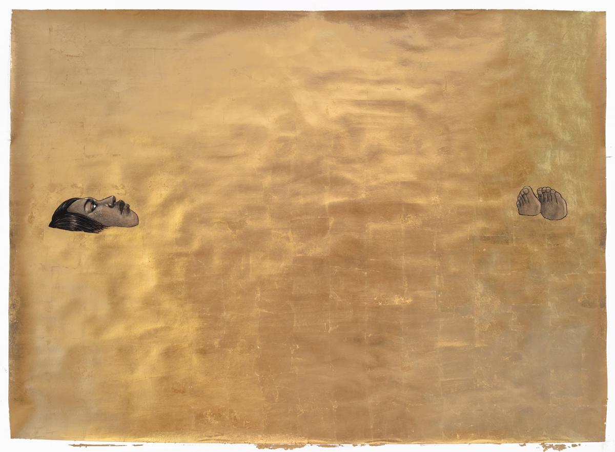 "Sarcophagus" by Robert Pruitt, 2019, conté, charcoal & gold leaf on paper, 60" x 84"