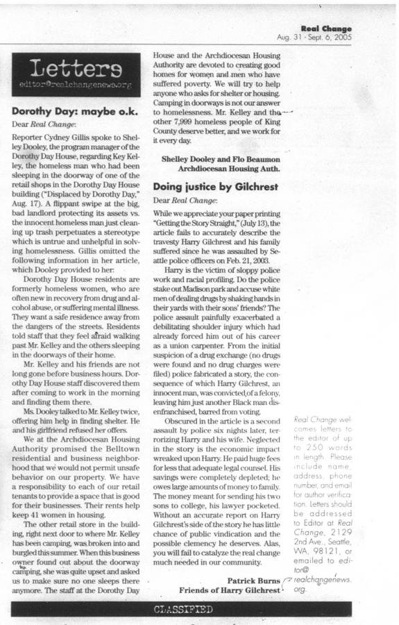 Letters To The Editor August 31 2005 Real Change