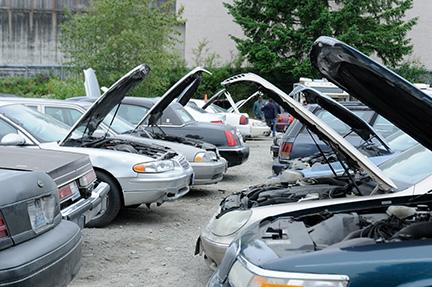 A row of cars up for sale at the Lincoln Towing auction site in June. Photo by Monica Westlake