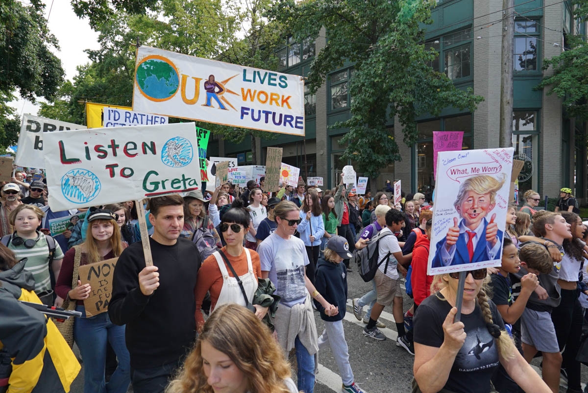 Thousands of young people and adult allies march  from Cal Anderson Park to Seattle City Hall on Friday Sept. 20 to show support for the Climate Strike being held all over the world to bring attention to  climate change. Photo by Susan Fried