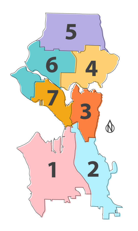 Map of the seven Seattle City Council districts