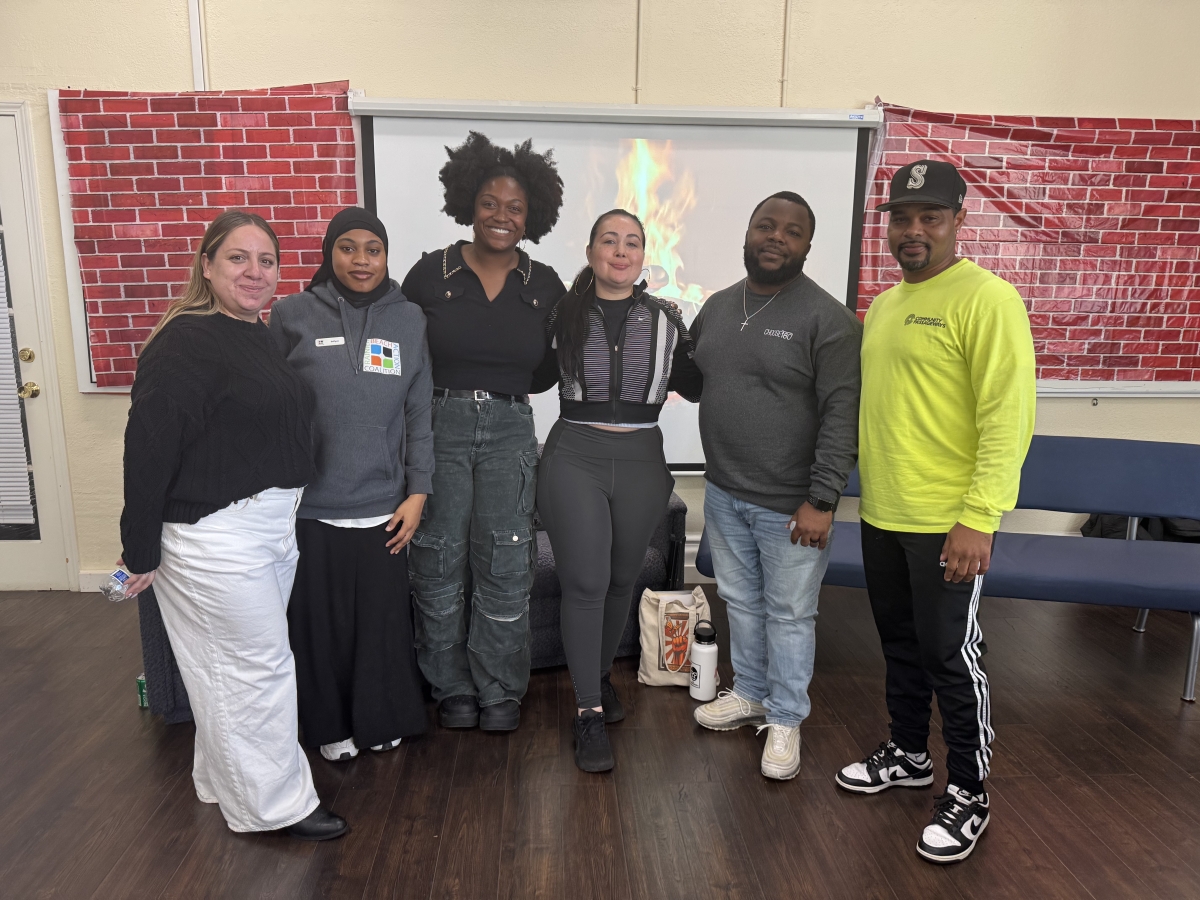From left to right: Liz Huizar (SESEC), Safiyat Bayo (RBAC), Leoma James (RBAC), Julissa Sanchez (CHOOSE180), Seth Davis (CHOOSE180), and Mark Rivas (Community Passageways) during the November Coalition Meeting. (Photo by Hong Ta)