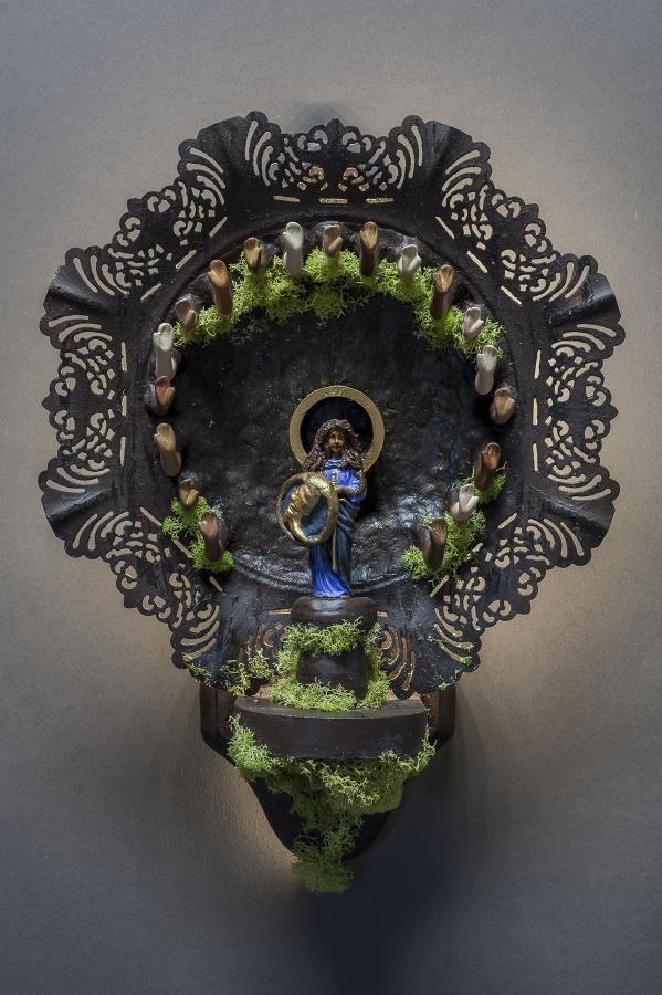“St. Felicia, Patron Saint of Goodbyes,” assemblage sculpture, 2016