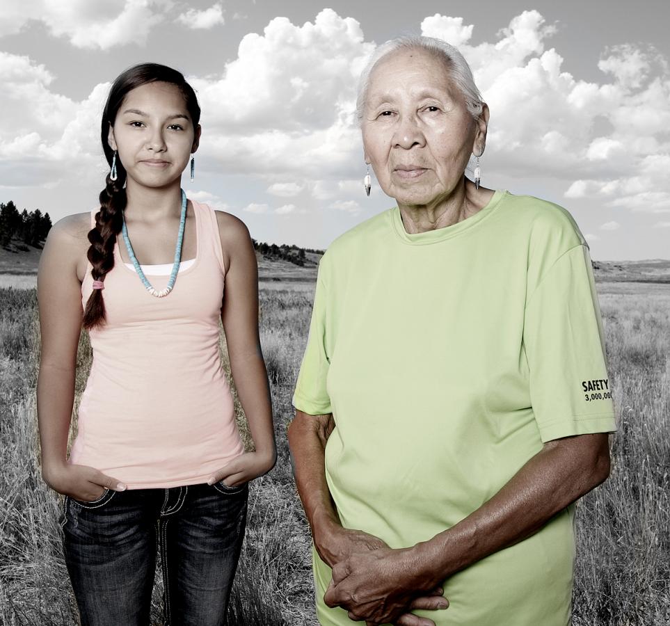 Sharlyce (left) and Jennie Parker, Northern Cheyenne, 2014. Jennie credits physical therapy, prayer and her granddaughter Jennie with helping her recover from a stroke. Photo by Matika Wilbur