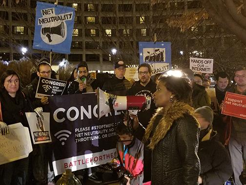Mignon Clyburn speaks to a crowd protesting the rollback of net neutrality. Clyburn was one of two on the five-member commission to oppose the rollback. Photo courtesy Mignon Clyburn