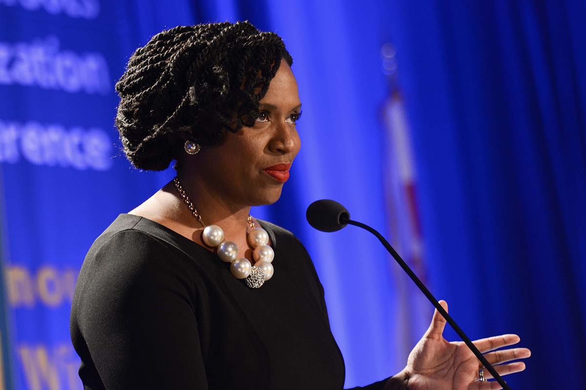 U.S. Rep. Ayanna Pressley, D–Massachusetts, speaks to Women’s and Fair Practices Departments Civil Rights Luncheon in February. Photo courtesy of AFGE
