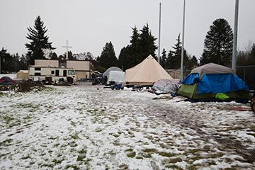 Riverton Park United Methodist Church currently hosts small houses and tent encampments for the homeless. Photo by Matthew S. Browning