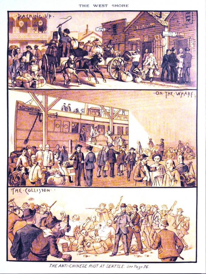 Artist's conception of the 1886 anti-Chinese riot in Seattle. The three panels are entitled, respectively, "Packing up," "On the Wharf" and "The Collision."