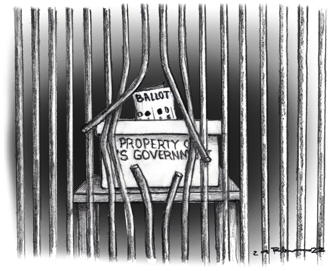 Cartoon showing a ballot box behind bars that have been forced apart