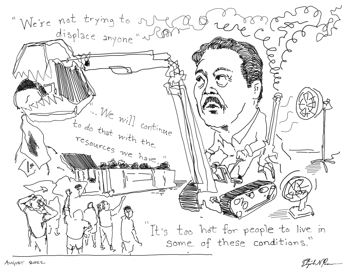 A political cartoon in pencil depicting Seattle Mayor Bruce Harrell dumping tents into a dumpster using a backhoe.