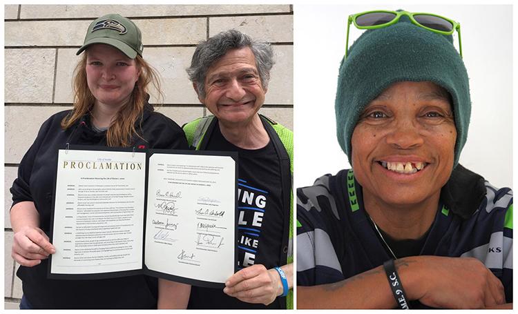  Left, vendors Lisa Sawyer and Shelly Cohen hold the proclamation from Seattle City Council. Right, Sharon Jones.