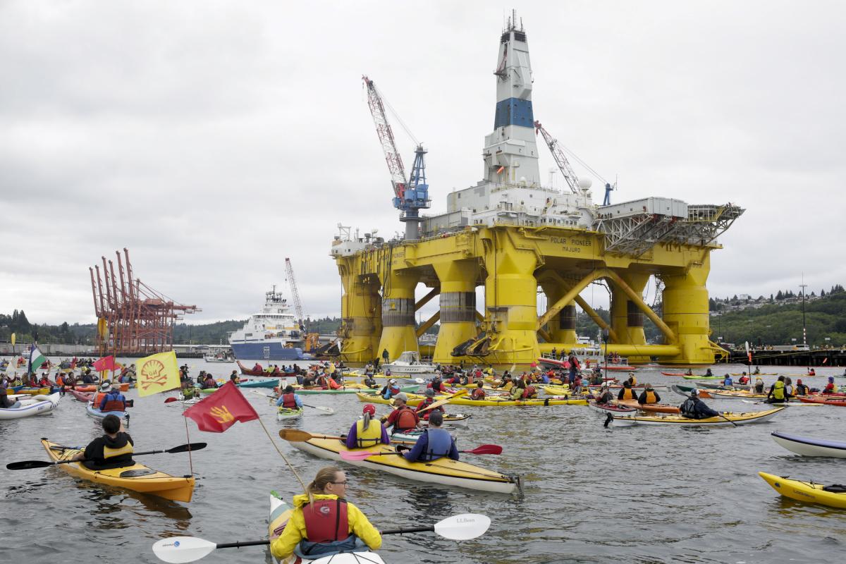 Activists protest the Shell Oil Company's drilling rig Polar Pioneer which is parked at Terminal 5 at  the Port of Seattle