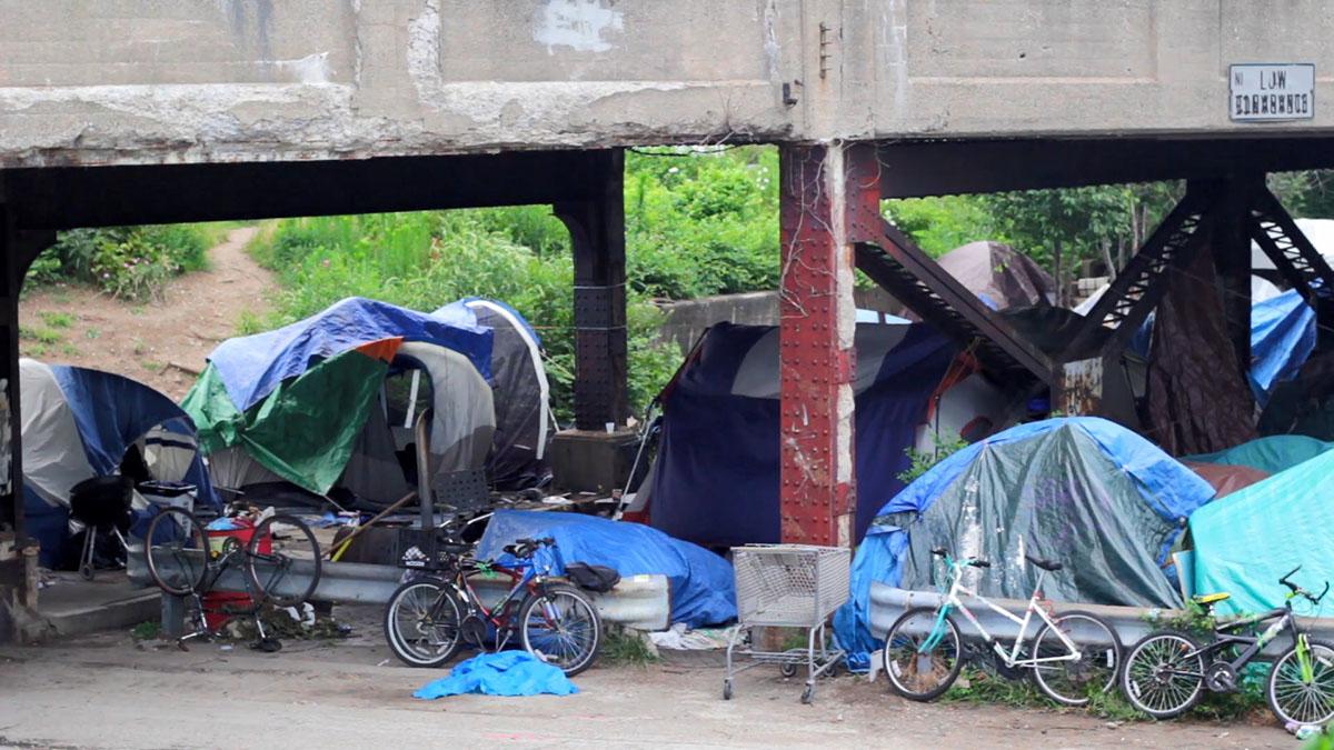 Davidson Street Bridge homeless camp near downtown Indianapolis, Indiana, in 2013. Photo courtesy of "Under the Bridge" filmmakers