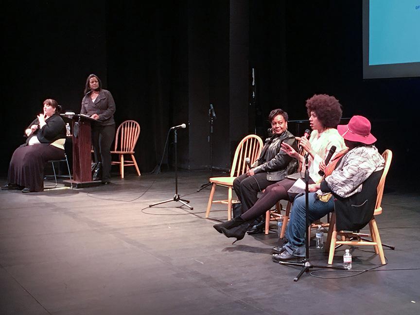 Lisa Edge moderates the Urban Poverty Forum at Langston Hughes Performing Arts Institute. The three panelists from right are Rev. Harriet Walden, Erin Jones and Felicia Cross. Photo by Yemas Ly