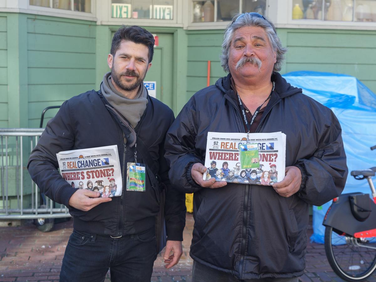 Comedian Brett Hamil sold papers with Art Ermeloff during Vendor Week. Photo by Jeff Few