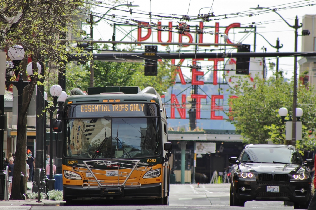 A King County Metro bus in downtown Seattle on May 9, 2020. During Gov. Jay Inslee’s “Stay Home, Stay Healthy” order, Metro only allowed rides for passengers who were conducting essential business like grocery shopping. (Creative Commons Photo: “Essential