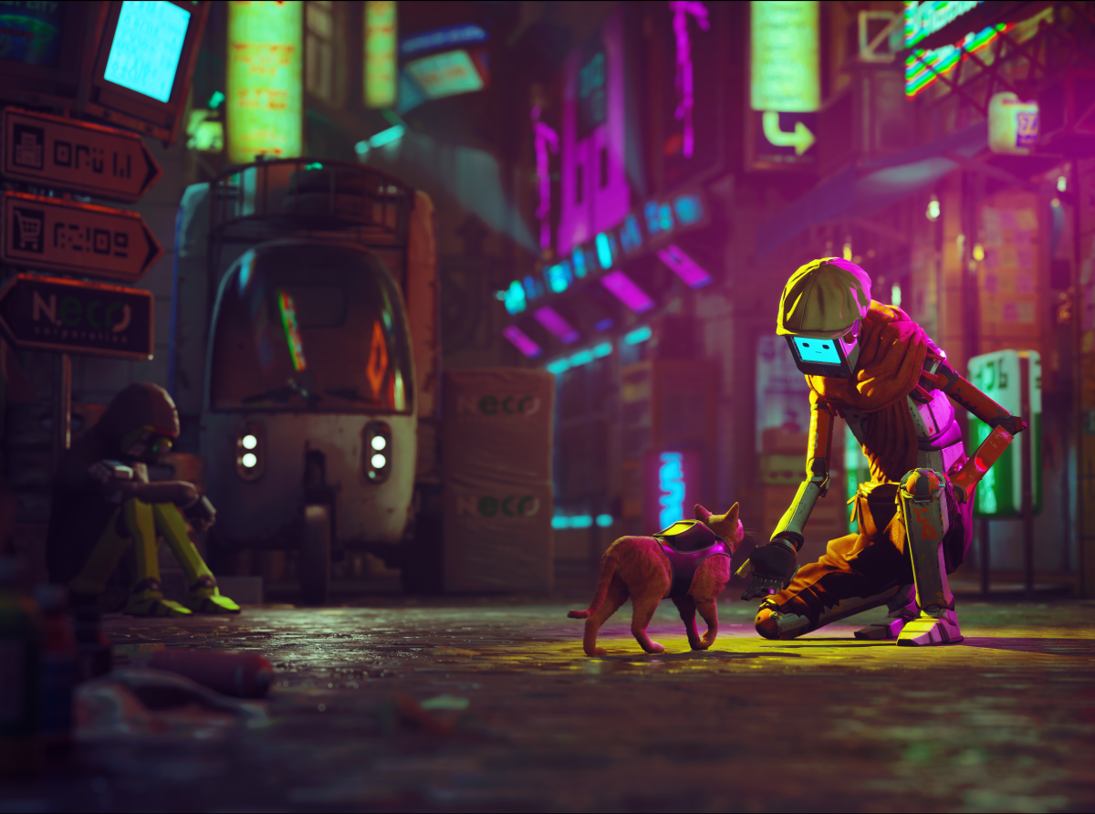 A screenshot of the cat from Stray approaching a crouching robot in a city street.