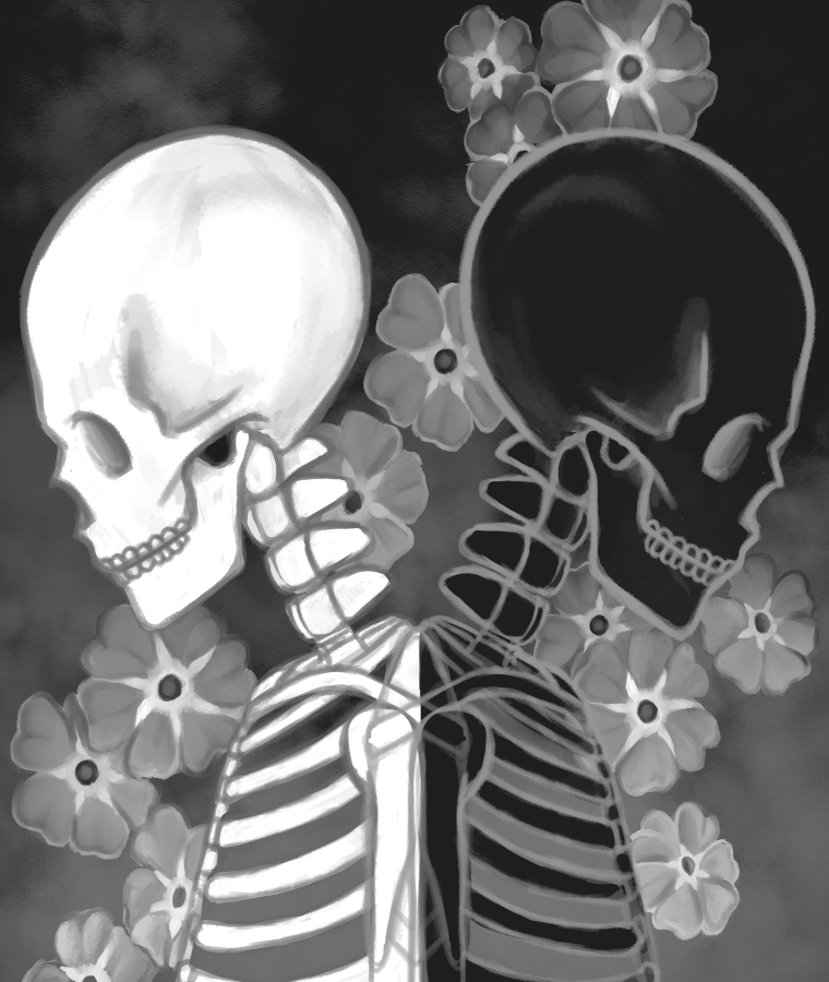 A black and white skeleton facing away from one another, standing back-to-back, with forget-me-nots in the background.