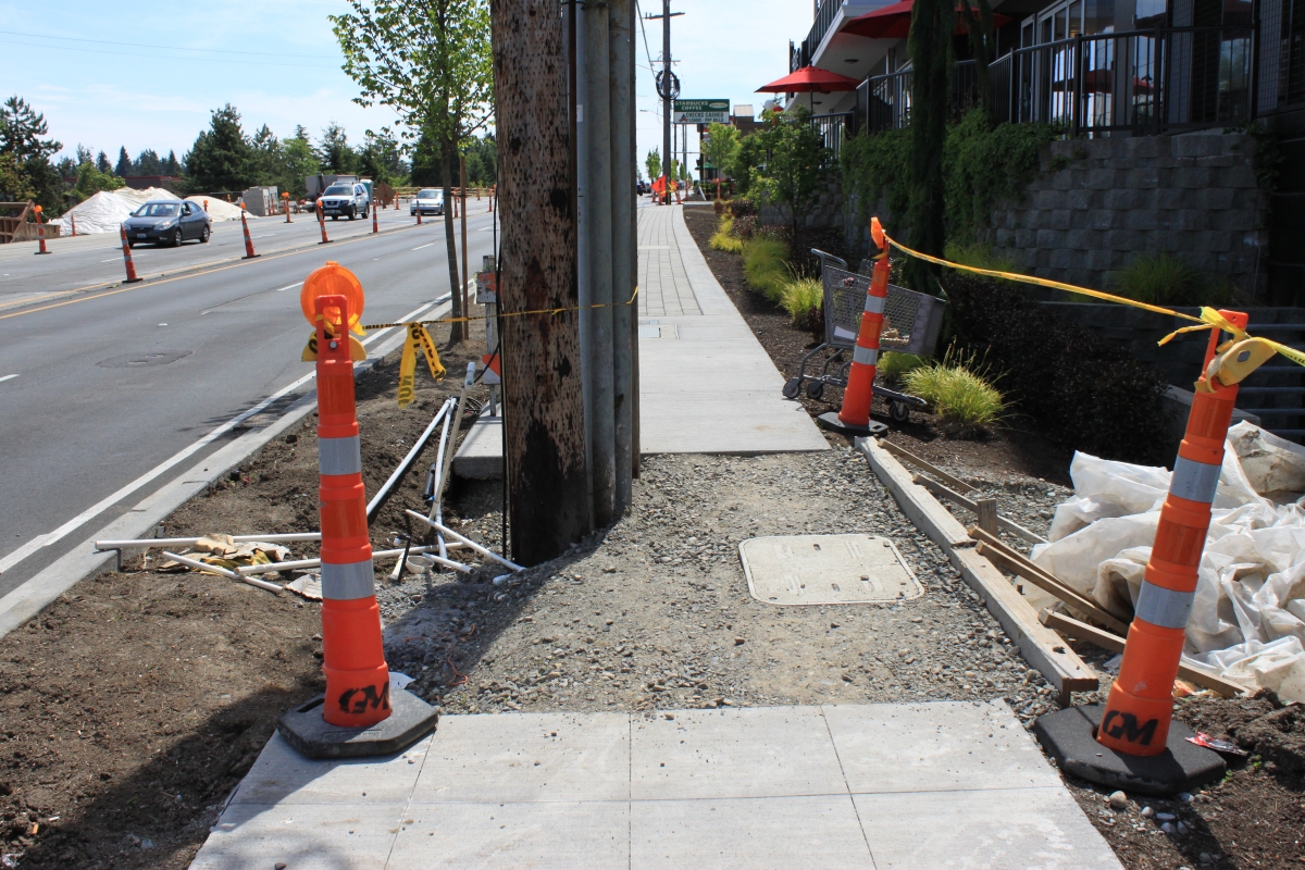 Photograph of torn-up sidewalk on sunny day, edged by orange construction pylons