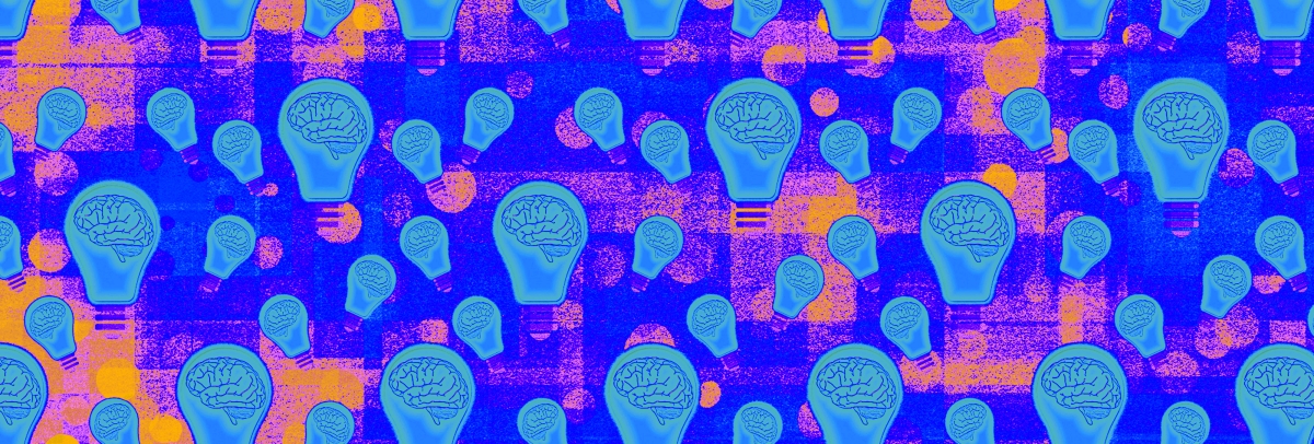 Purple-background banner showing rows of light bulbs with brains inside them