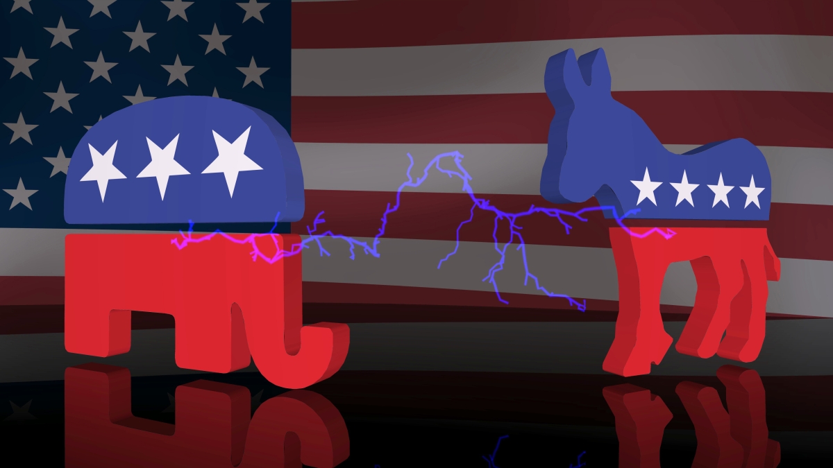 Screenprint-type image of Republican elephant and Democratic donkey facing off, with lightning strike passing between them