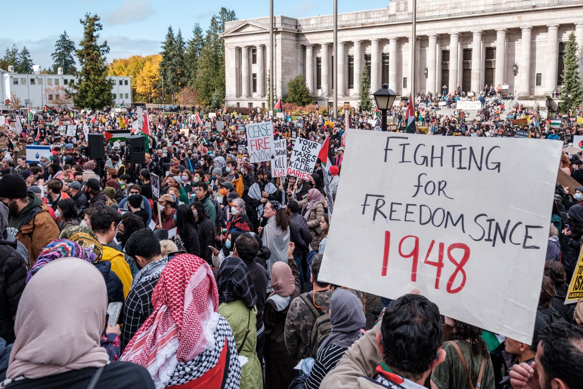 crowd of people protest, with one sign saying fighting for freedom since 1948