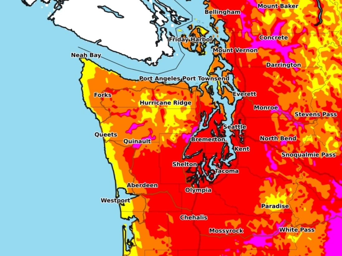 A map view centered on western Washington and the Olympic Peninsula, color coded in red and orange to show areas that suffered extreme heat under the 2021 heat dome.
