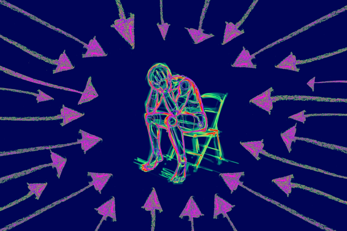 Pixelated image of human figure sitting hunched over in a chair surrounded by pointing purple arrows, against a purple background