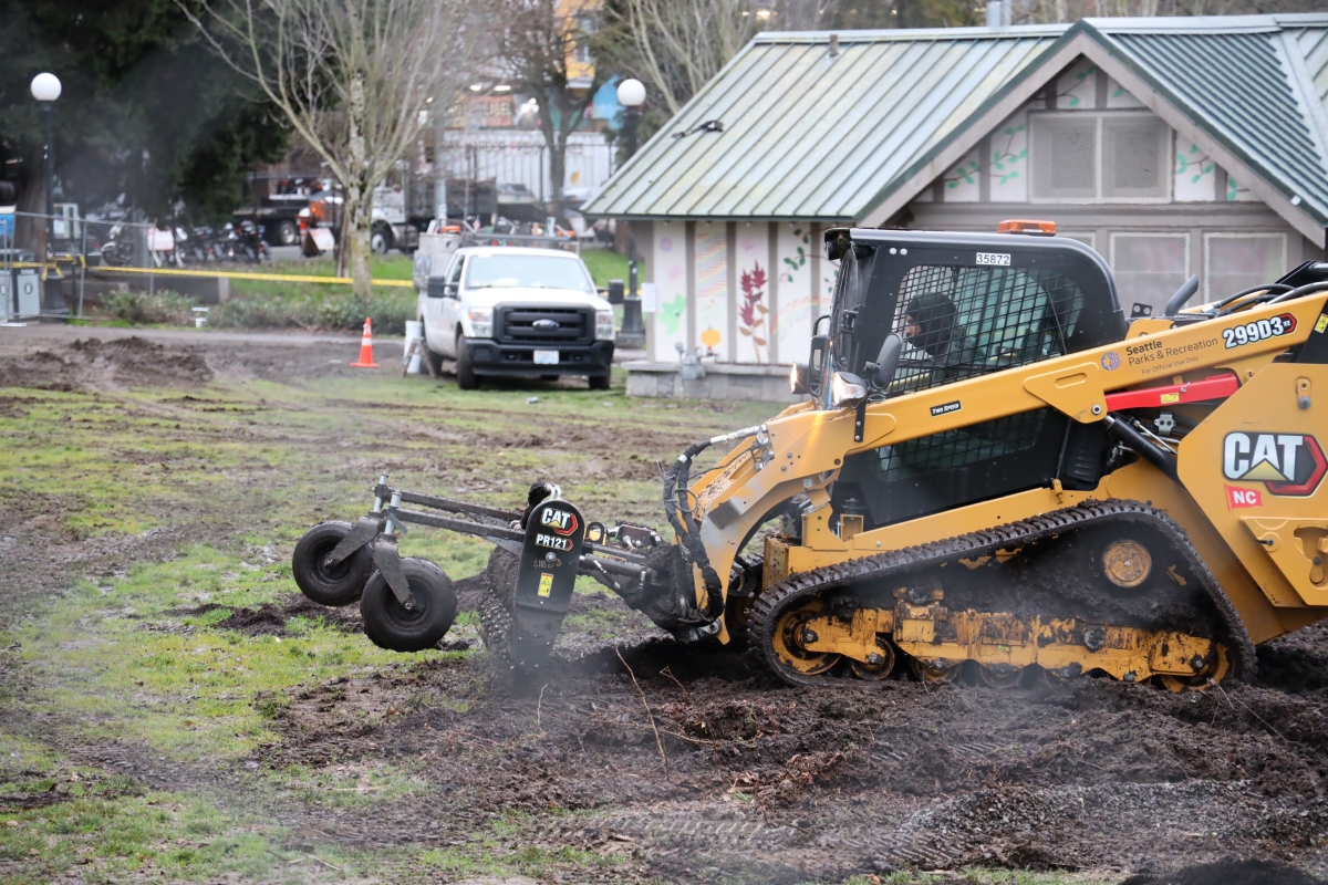 Seattle Parks and Recreations rented out heavy machinery to uproot garden plants and till the soil at Cal Anderson Park, Dec. 27, 2023.