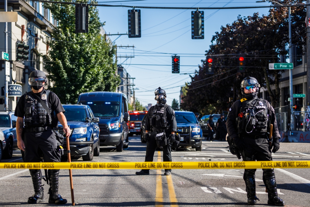 Seattle Police Department closed roads surrounding Capitol Hill in the midst of the 2020 Black Lives Matter protests, July 25, 2020.