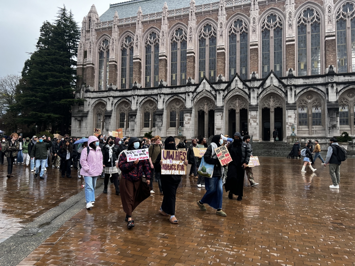 Students and supporters march through the University of Washington Red Square in protest of the recent on-campus Islamophobic attacks and what they consider the university’s lackluster response, March 28.